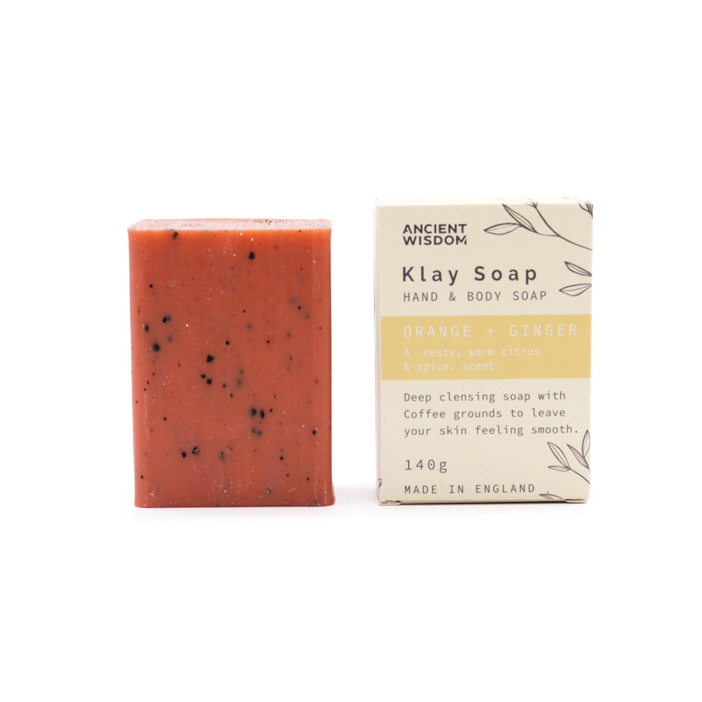 Red bar of soap with a box labeled 'Klay Soap' on a white background
